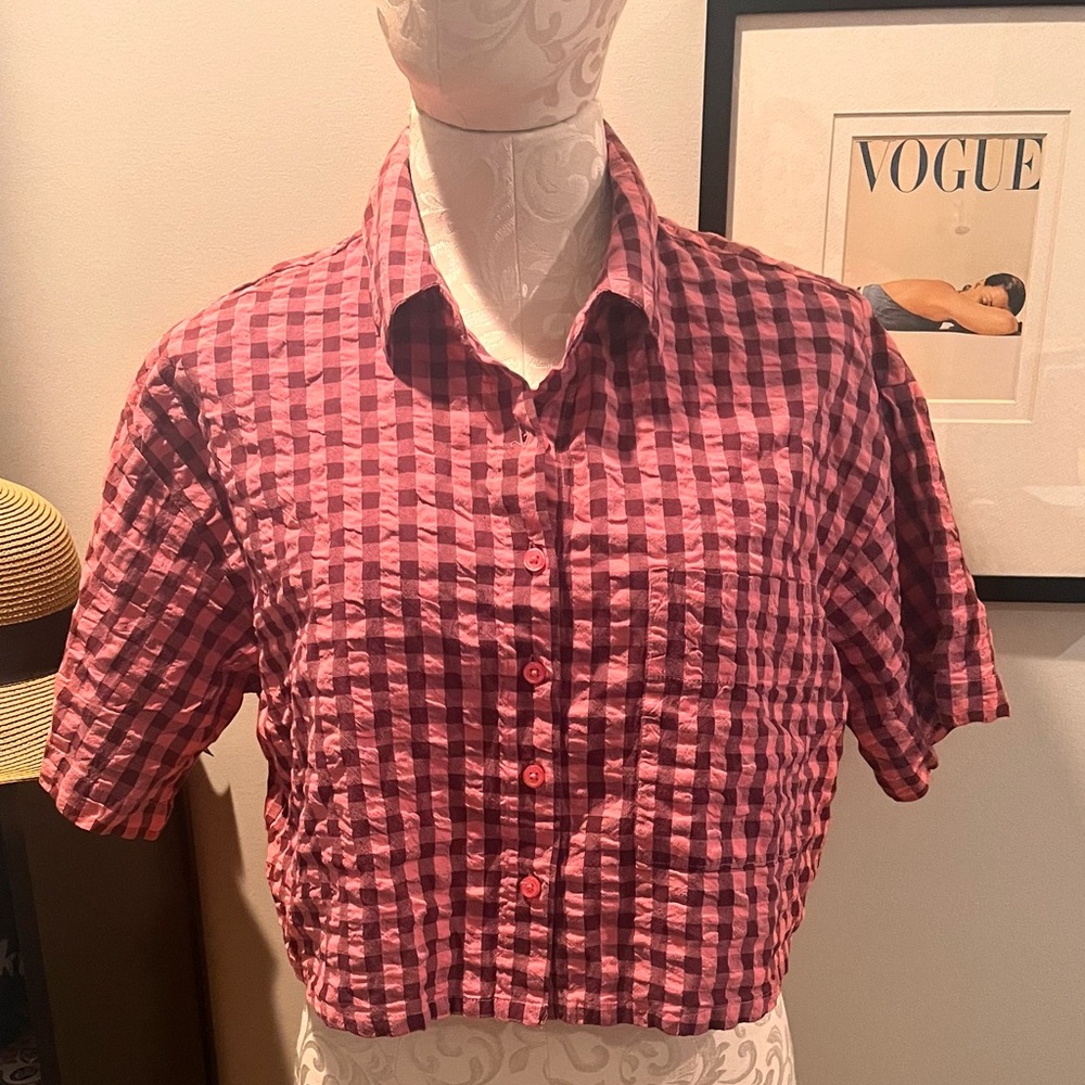 H&M pink plaid collard button down crop top oversized small